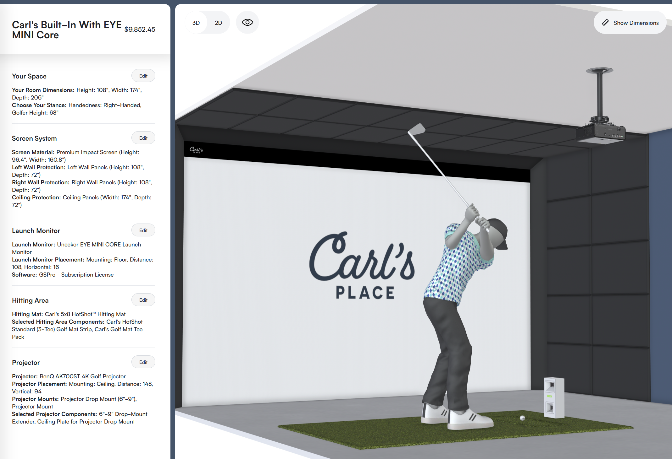 Built-In golf room build with EYE MINI CORE, wall and ceiling panels, and 4K projector