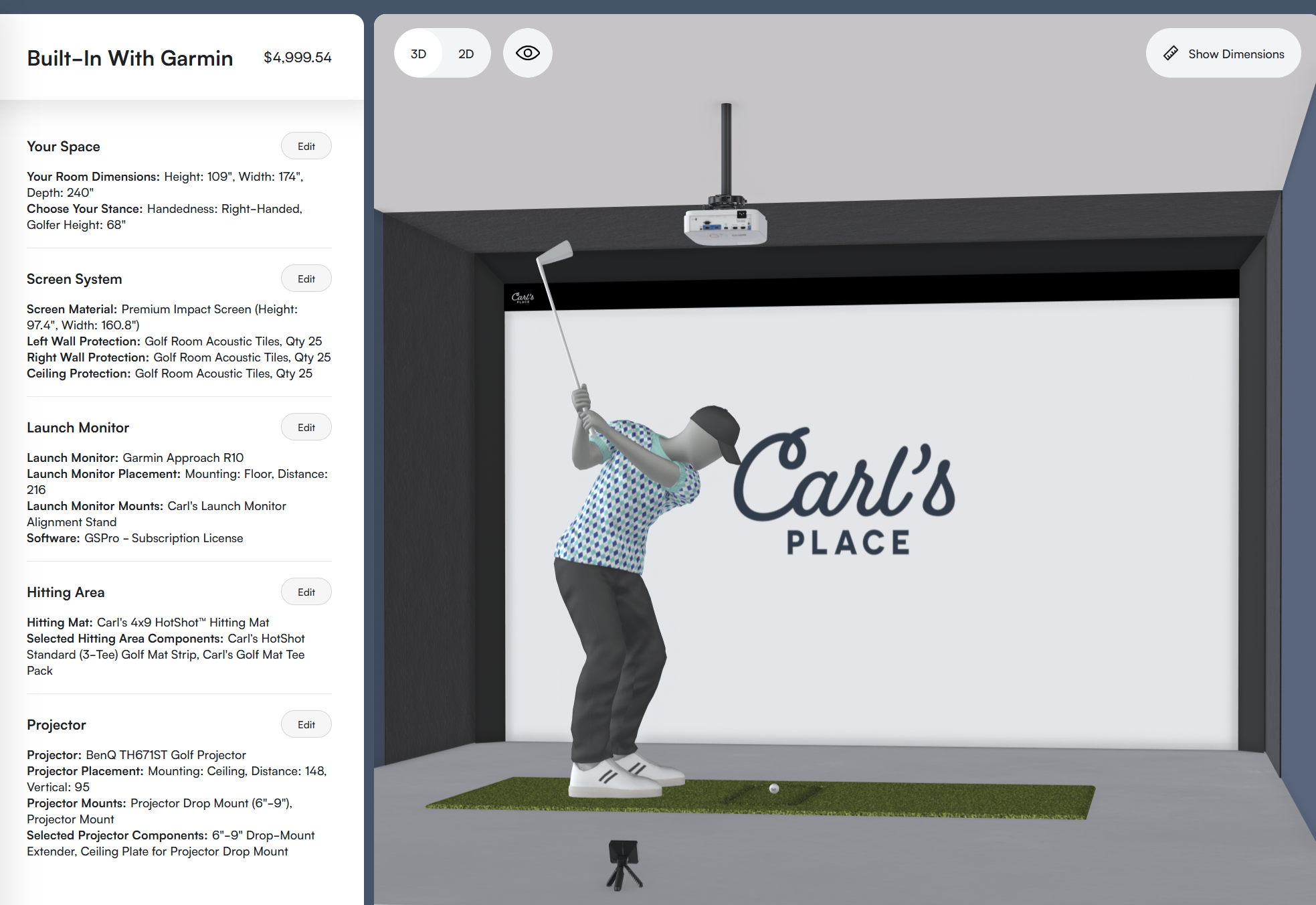 Built-In golf room build with Garmin Approach R10, Premium Impact Screen and wall protection