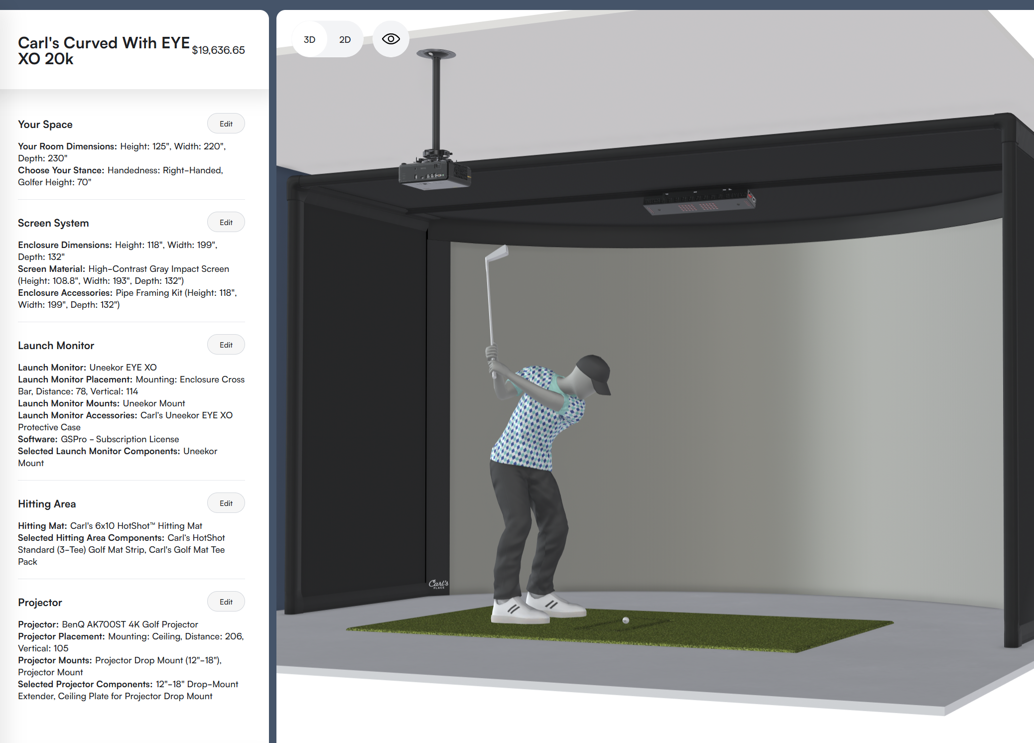 Curved golf simulator build with Uneekor EYE XO and high contrast gray screen