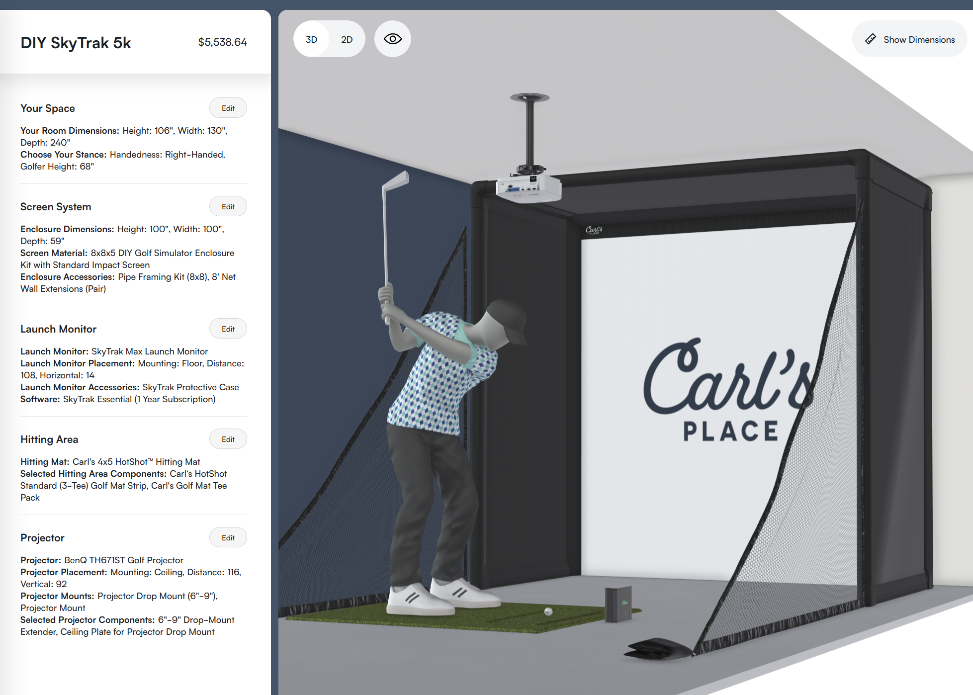 Compact DIY golf simulator build with SkyTrak MAX and net wall extensions