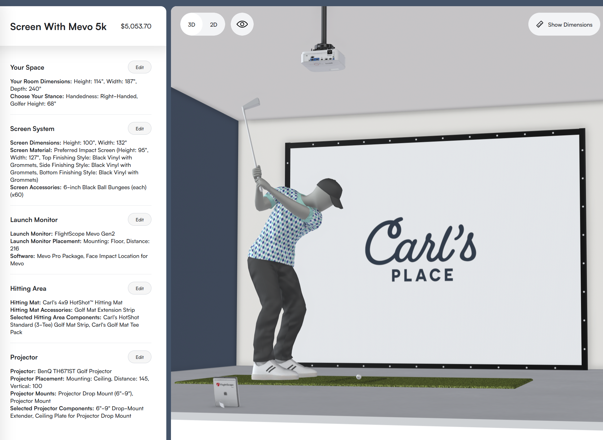 Screen-only golf simulator build with FlightScope Mevo Gen2, hitting mat and projector