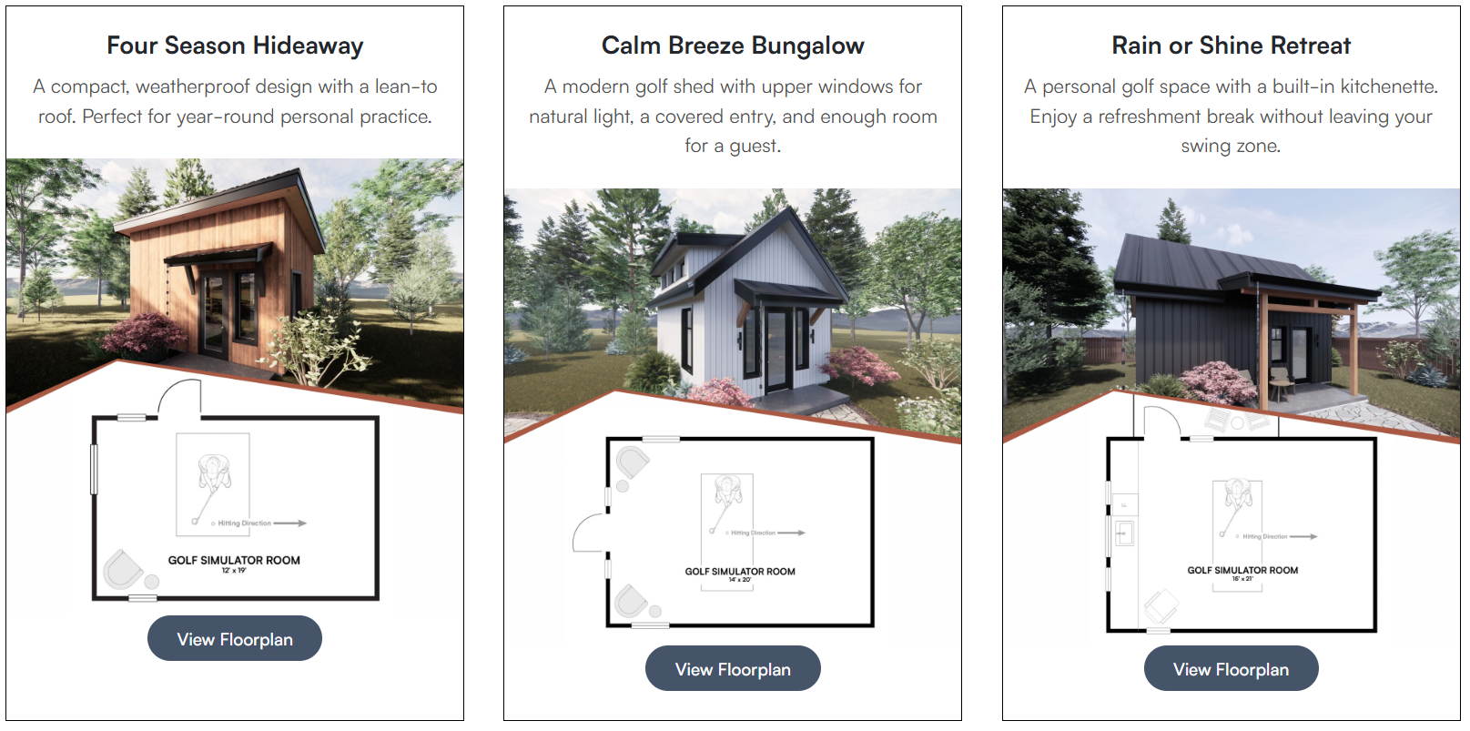 Golf simulator shed floorplan examples with room for spectator seating