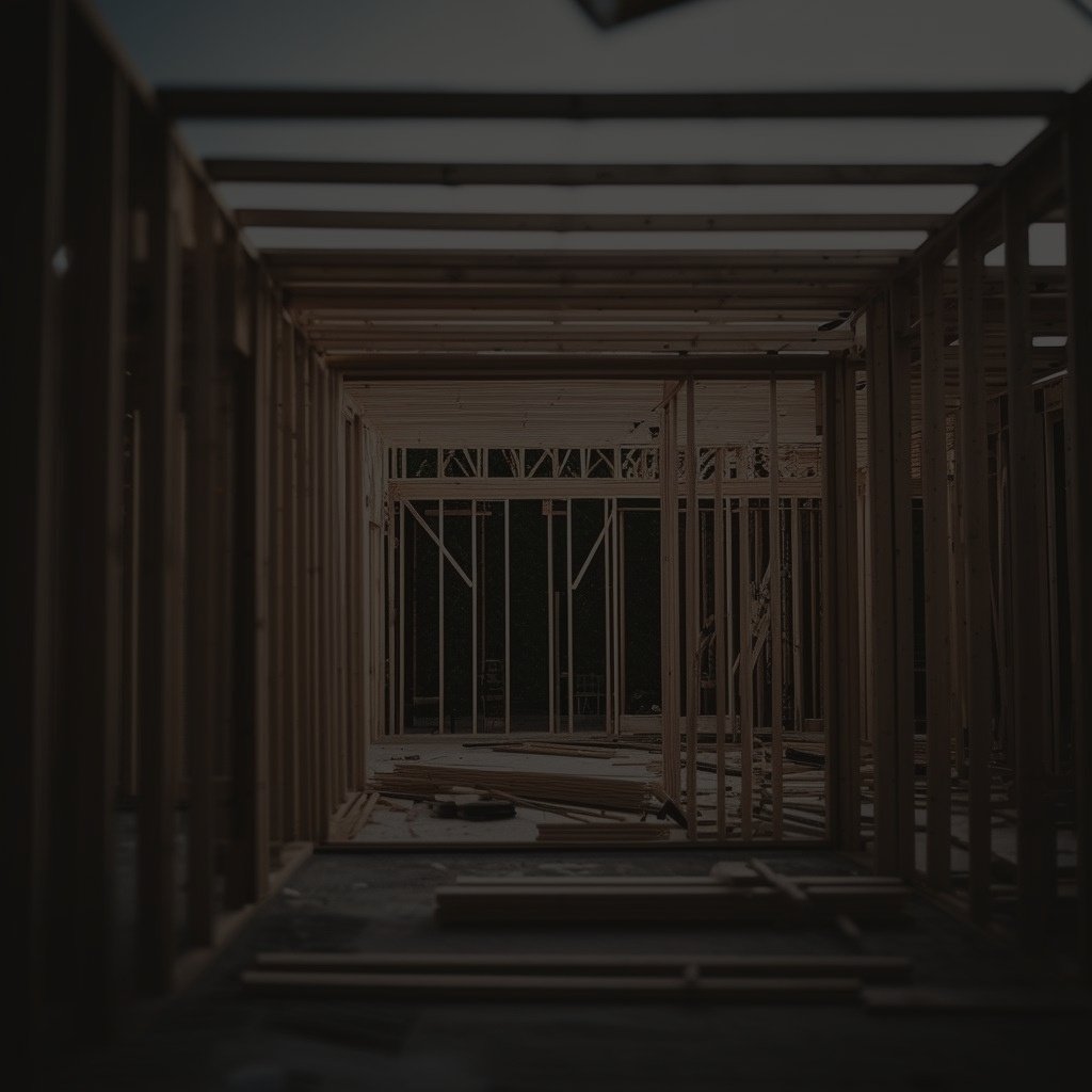 a slightly blurred, dark photo of framed home being built from the inside for a background-1