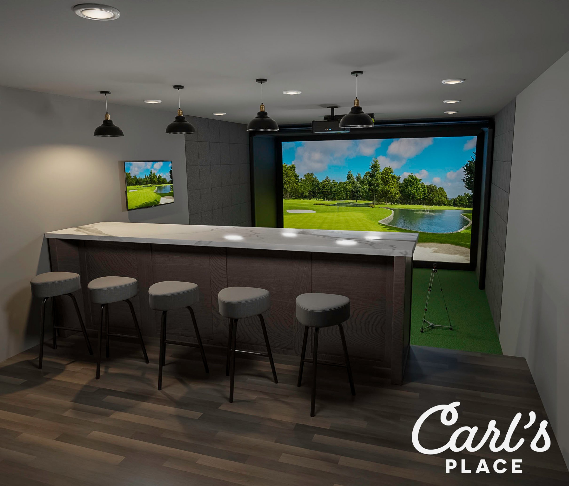 Golf simulator with seating area