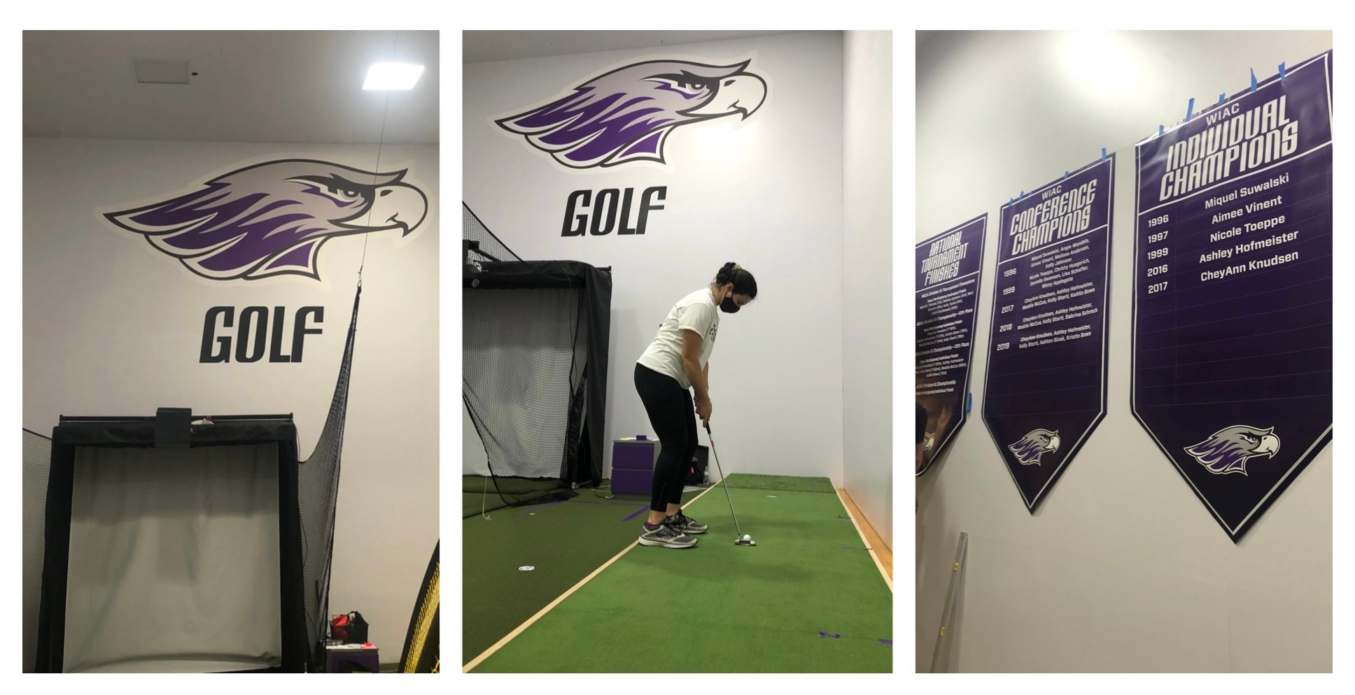 UW-Whitewater college women's golf team indoor golf simulator setup