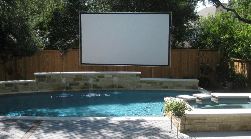 Pool side backyard projection screen for movies