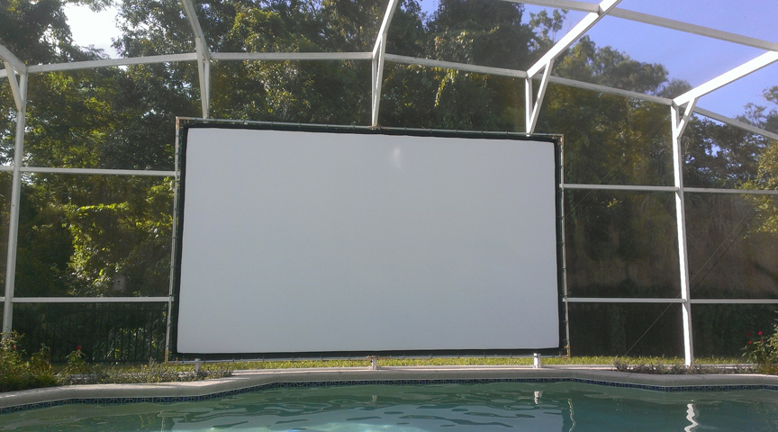 Outdoor projection screen by pool