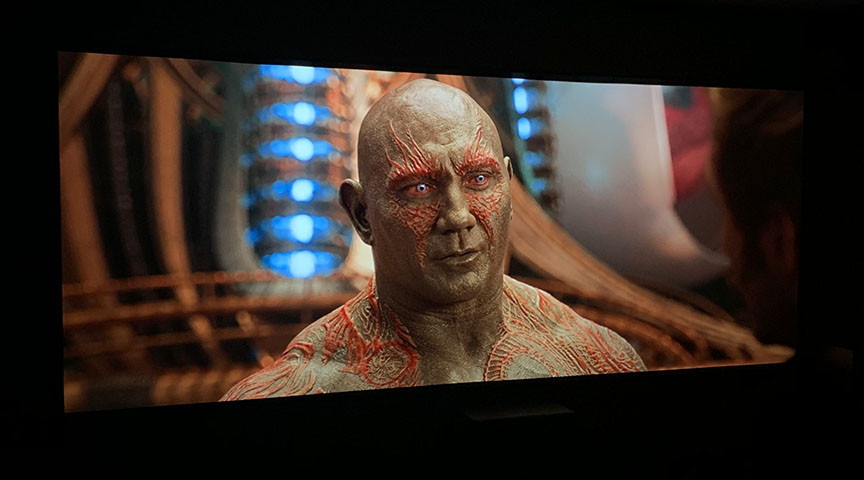 Carl's Place ambient light rejecting (ALR) screen showing Guardians of the Galaxy movie
