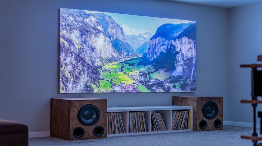 Finished DIY projector screen using stretch and staple technique