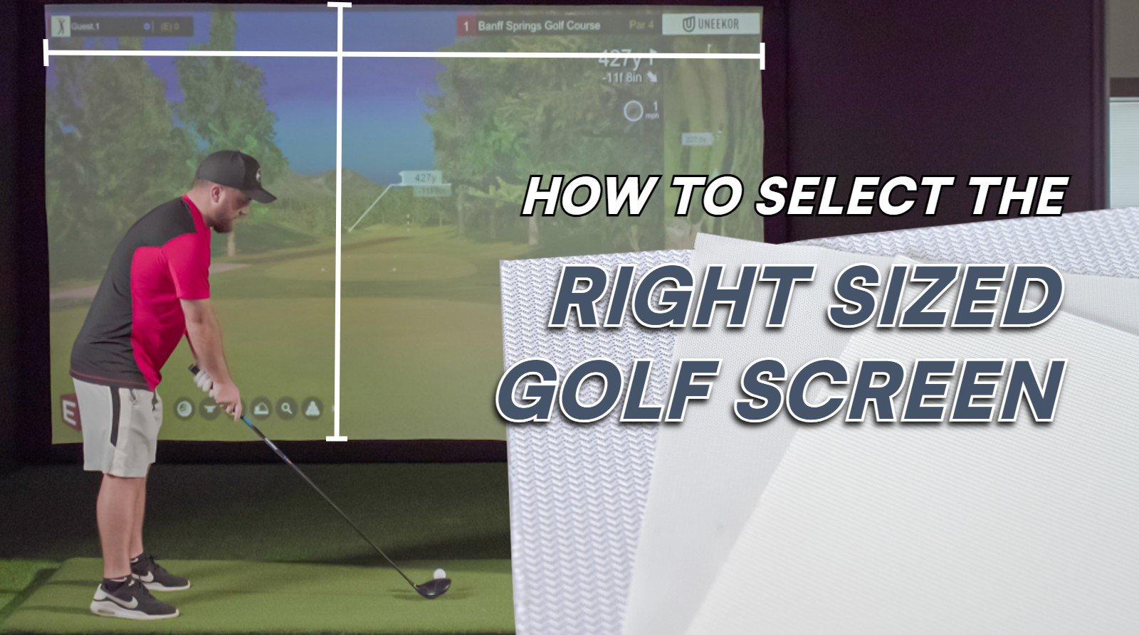 Golfer in simulator with text How to Select the Right Sized Golf Screen