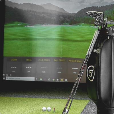 Golf Bag in front of Golf Simulator Screen