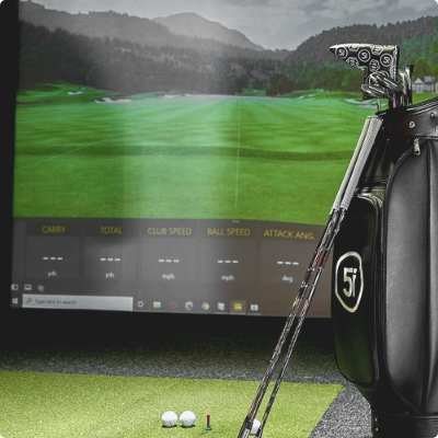 Golf Bag in front of Golf Simulator Screen Golf Bag in front of Golf Simulator Screen